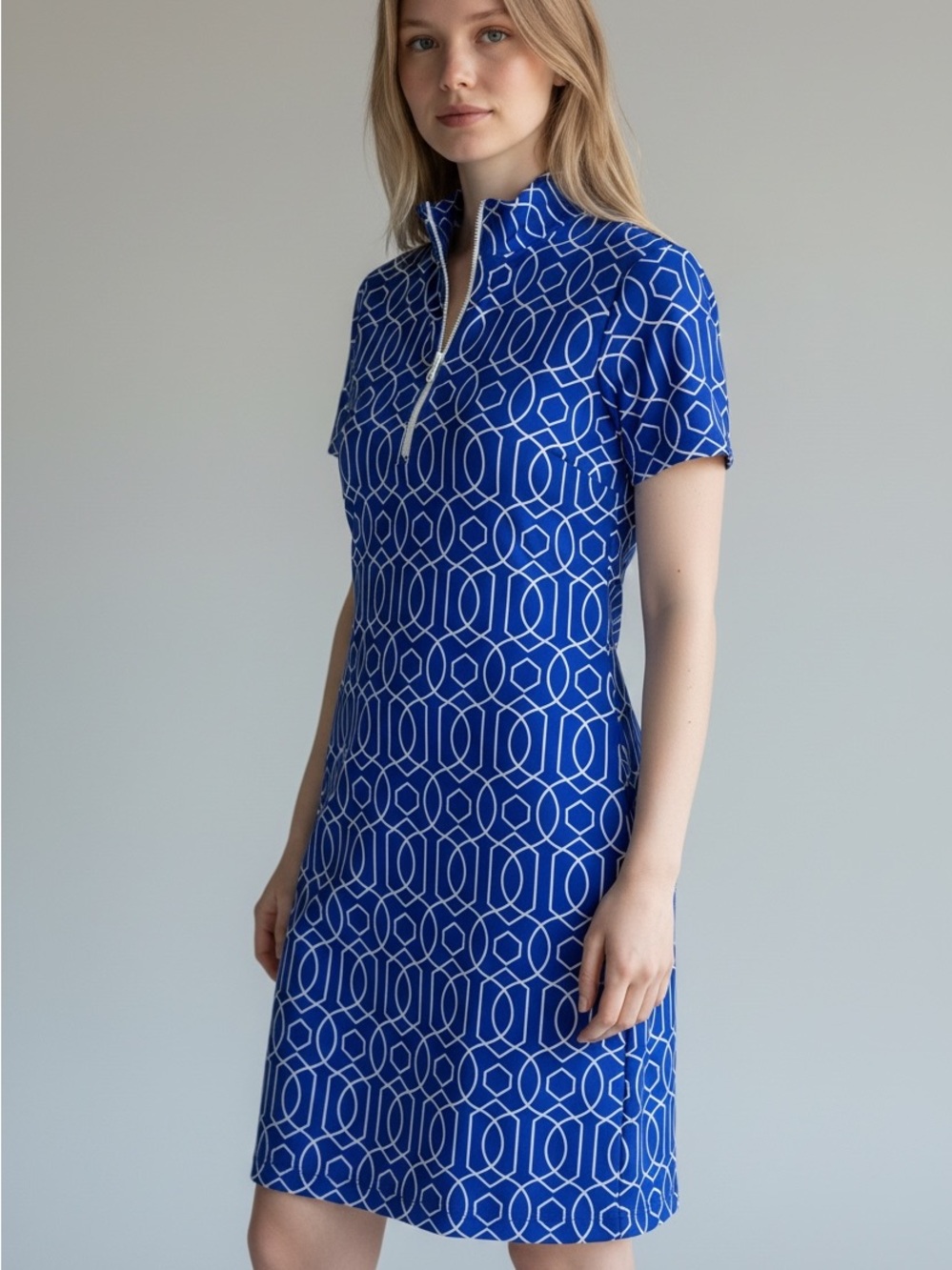 Jude Connally Geometric Zip-Front Blue Short Sleeve Dress